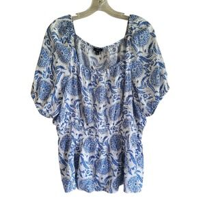 Talbots Chrysanthemum Trellis Top Women's XL Blue White Puff Sleeves Smocked